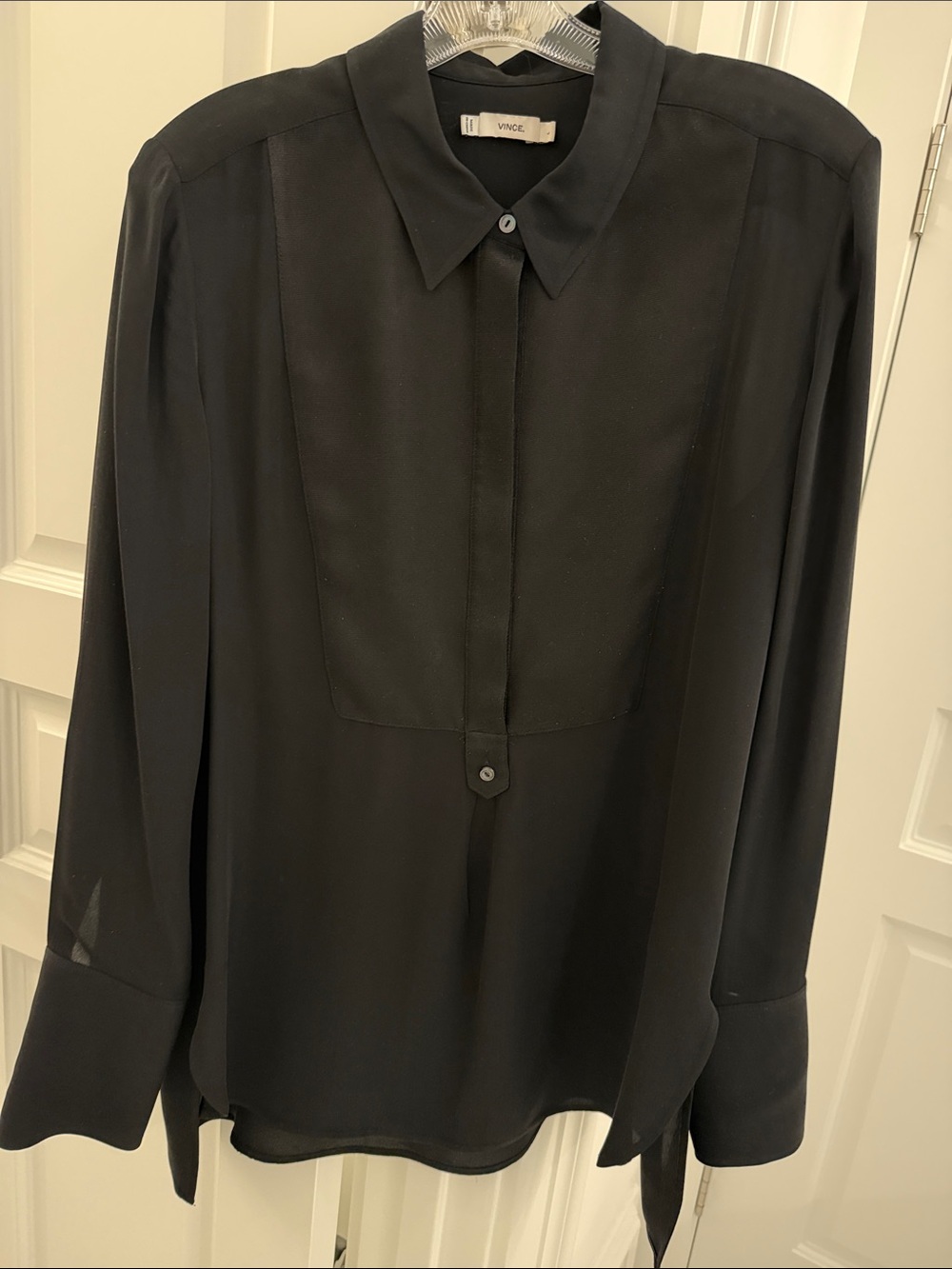 Vince Black Long-Sleeve Button-Front Tunic Tuxedo Style Blouse